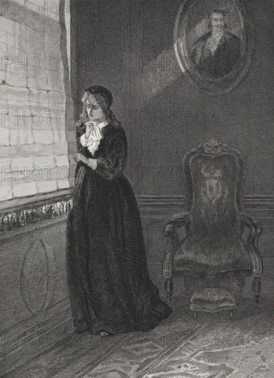Crying woman looks through a gap in the curtain, print, book illustration, A crying woman, with a handkerchief in her hand, looks past the curtain to the outside. On the wall the portrait of a man and underneath a chair., printmaker: Willem Steelink (I), Amsterdam, after design by Diederik Franciscus Jamin, publisher: Arie Cornelis Kruseman, Haarlem, 1865, paper, steel engraving, etching, steel engraving and etching, height 158 mm x width 114 mm, Title page for: Aurora. Yearbook for 1865. Haarlem: Arie Cornelis Kruseman, 1865., weeping, view through a window from the inside, A monochrome engraving shows a woman standing by a tall window with patterned drapery, fingers lightly touching the curtain and her face turned downward; she wears a dark full-length dress with a light ruffled collar and long sleeves, and her hair falls in waves around her shoulders. To her right is an upholstered armchair with carved wooden arms and an ornate crest on its back, and a small cushioned footstool sits...