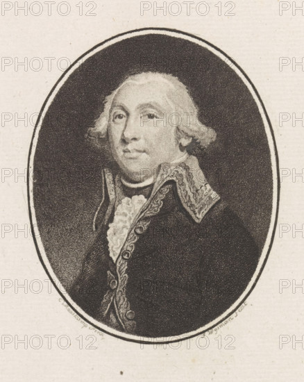 Portrait of Jan Willem de Winter, print, admiral and commander of the Dutch fleet., inscription: 'DeWinter', printmaker: Jacobus Wijsman, Amsterdam, after painting by Evert Maaskamp, 1795 - 1812, paper, etching, height 195 mm x width 118 mm, Person, Jan Willem de Winter, An oval-framed black and white engraving of a bust portrait showing a man with powdered hair styled away from his face and curled at the sides, a rounded forehead, arched eyebrows, and a composed expression. He wears a high-collared coat with decorative trim and buttons, and a frilled cravat at the neck. The background within the oval is dark and textured, while the surrounding paper is light with subtle speckling.
