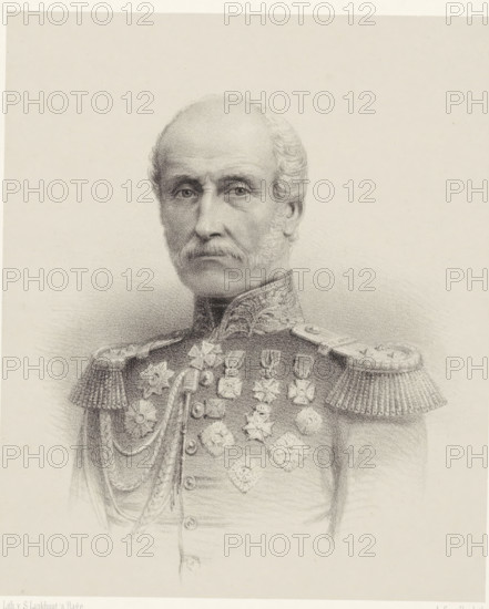 Portrait of Charles Nepveu, print, The sitter wears a military uniform with epaulets with three stars and twelve decorations on his chest. Below the portrait is his signature., printmaker: Adrien Canelle, printer (person): Samuel Lankhout, The Hague, 1856 - 1867, printer (person), paper, chine collé, lithography, lithography on chine collé, height 448 mm x width 320 mm, Person, Charles Nepveu, historical persons (head (and shoulders) (portrait)), knighthood order, A detailed pencil drawing of an older man shown from the chest up wearing a formal military uniform with ornate epaulettes and multiple decorative medals and star-shaped badges across his chest, his face framed by short wavy hair and sideburns, a mustache, and a solemn expression, set against a plain light background.