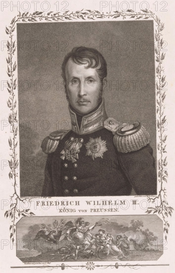Portrait of Friedrich Wilhelm III of Prussia, print, printmaker: Friedrich Wilhelm Bollinger, Berlin, after drawing by Ludwig Wolf, after design by François Gérard, publisher: Ludwig Wilhelm Wittich, 1816 - 1825, paper, etching, stippelwerk, height 291 mm x width 206 mm, Person, Frederick William III King of Prussia, historical persons, knighthood order, (military) uniforms, specific aspects, allegorical aspects of Mars, Mars as patron, knighthood order (with NAME) - insignia of a knighthood order, eg: badge, chain (with NAME of order), A detailed engraved portrait of a man shown from the chest up wearing a dark military uniform with ornate shoulder epaulettes and decorative medals on his chest, his face framed by short hair with a curled fringe and sideburns, set against a stippled background and enclosed within a decorative leafy border, with an ornamental vignette depicting classical figures and an eagle beneath the portrait.