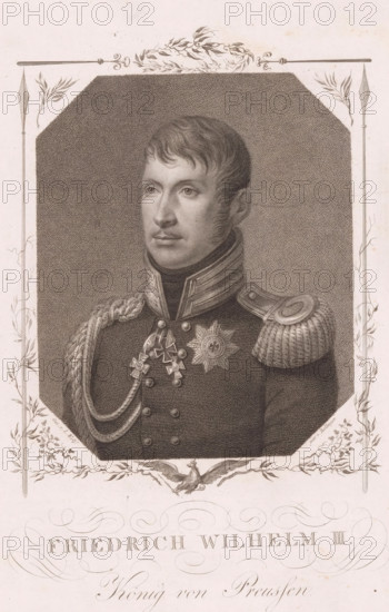 Portrait of Friedrich Wilhelm III, King of Prussia, print, printmaker: Friedrich Wilhelm Bollinger, Berlin, after drawing by Ludwig Wolf, publisher: Baptista Weiss, 1797 - 1825, paper, stippelwerk, etching, height 315 mm x width 242 mm, Person, Frederick William III King of Prussia, historical persons, knighthood order, (military) uniforms, knighthood order (with NAME) - insignia of a knighthood order, eg: badge, chain (with NAME of order), A monochrome engraved portrait of a man shown from the chest up, facing slightly to his left, with short hair and sideburns, wearing a high-collared military uniform with decorative braiding across the chest and an epaulette on his right shoulder, a star-shaped medal and a cross-shaped decoration pinned to his chest, set against a densely stippled octagonal background, all framed by ornamental vertical borders with floral and spear-like motifs and a decorative crest with foliage above and a bird with outstretched wings below.