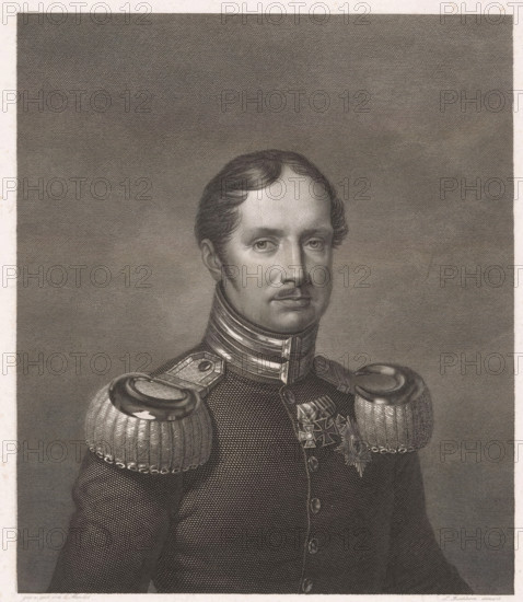 Portrait of Friedrich Wilhelm III of Prussia, print, printmaker: Eduard Mandel, Berlin, printer (person): Hampe, supervision: Ludwig Buchhorn, 1820 - 1882, printer (person), paper, etching, engraving, etching and engraving, height 270 mm x width 210 mm, Person, Frederick William III King of Prussia, historical persons, A monochrome engraved portrait of a man shown from the chest up wearing a decorated military uniform with ornate shoulder epaulettes and a high collar; he has short, neatly combed hair, a mustache and a small soul patch, and a calm, forward gaze; the uniform displays medals and a star-shaped decoration on the chest, textured fabric patterns across the coat, and polished metallic details on the epaulettes; the background is a finely crosshatched plain field.