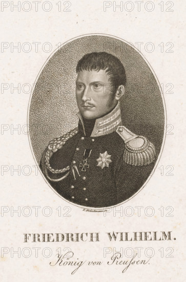 Portrait of Frederick William III, print, printmaker: Friedrich Fleischmann, publisher: Friedrich Campe, Nuremberg, 1801 - 1834, Bavaria, paper, engraving, stippelwerk, height 182 mm x width 134 mm, Person, Frederick William III king of Prussia, historical persons, ruler, sovereign, An oval engraved portrait of a man shown from the chest up wearing a dark military uniform with ornate shoulder epaulettes and braided cords, a high collar with decorative trim, a cross-shaped medal and a star-shaped badge on his chest, short dark hair with a fringe, sideburns, and a neutral facial expression, set against a stippled background and surrounded by a light textured paper.