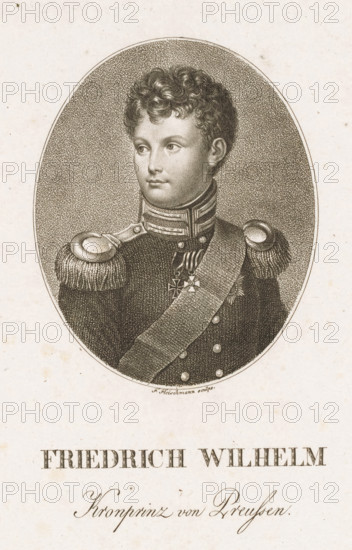 Portrait of Frederick William IV, print, printmaker: Friedrich Fleischmann, publisher: Friedrich Campe, Nuremberg, 1801 - 1834, Bavaria, paper, engraving, stippling, height 182 mm x width 126 mm, Person, Frederick William IV (King of Prussia), historical persons, ruler, sovereign, An oval engraved portrait of a young man shown from the chest up wearing a dark military uniform with a high, decorated collar and epaulets with fringes, a diagonal sash across his chest, and two medals suspended at his throat; he has short, curly hair and a neutral facial expression while looking slightly to one side, and the oval sits on a textured background within a blank paper sheet.