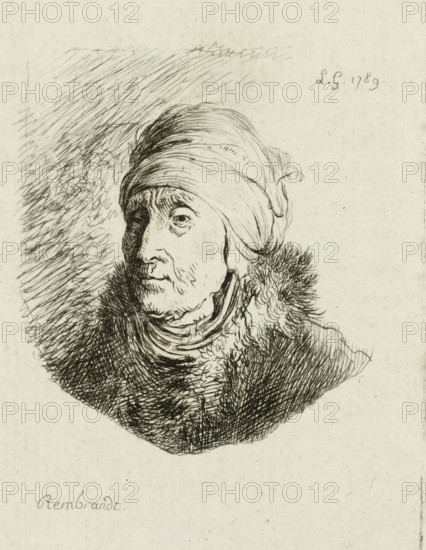 Bust of an old woman with a turban, print, printmaker: Sauveur Legros, after design by Rembrandt van Rijn, 1789, paper, etching, height 88 mm x width 63 mm, head-gear: turban, old woman, historical persons (portraits and scenes from life), A detailed ink drawing of an elderly person shown from the shoulders up wearing a wrapped head covering and a heavy fur-lined collar, with fine crosshatched shading around the head and clothing, visible facial wrinkles and a contemplative expression, and textured line work creating shadow and depth against a plain background.
