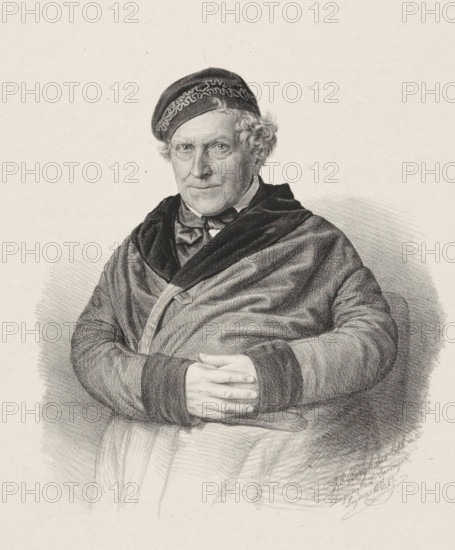 Portrait of an unknown man, print, The sitter is sitting on a chair with his hands clasped in front of his stomach. He is wearing a coat and a cap with a decorated brim., inscription: 'Uncle Gerrit', printmaker: Johann Peter Berghaus, Leiden, after photo by Leendert Springer (I), 1851-07-26, Leendert Springer (I), paper, chine collé, lithography, lithography on chine collé, height 485 mm x width 352 mm, historical persons, head-gear: cap, A black and white pencil or charcoal portrait of an older person shown from the waist up seated with hands folded over the stomach, wearing a patterned cap and a dark draped garment over lighter clothing, with curly hair visible at the sides of the head, a composed facial expression, and detailed shading creating texture in the fabric and background.