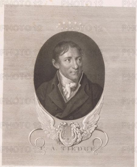 Portrait by Christoph August Tiedge, print, printmaker: Johann Christian Benjamin Gottschick, after painting by Friedrich Georg Weitsch, after drawing by Johann Friedrich Baumann, publisher: Johann Gottfried Renger, Halle an der Saale, 1822, Saxony-Anhalt, paper, steel engraving, height 357 mm x width 257 mm, Person, Christoph August Tiedge, historical persons, lyre, cithara, psaltery, honoring the artist, An engraved portrait shows a man from the chest up inside an oval frame, facing slightly to his left with short hair and a calm expression. He wears a high-collared coat and a knotted neckcloth with visible folds. Above the oval are small stars arranged in an arc. Below the oval a decorative emblem features a lyre surrounded by drapery and laurel, flanked by a pair of stylized wings and curving ornamental ribbons. The background consists of fine horizontal lines filling the page.