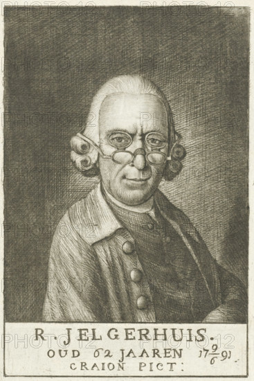 Self-portrait of Rienk Jelgerhuis, print, wearing double glasses. In the margin the name and age of the artist., printmaker: Rienk Jelgerhuis, Leeuwarden, 1791, paper, etching, sugar-lift, etching and sugar aquatint, height 157 mm x width 109 mm, Person, eyeglasses, spectacles, A monochrome etched portrait of an older man shown from the chest up, facing slightly to the viewer's left with a neutral expression; he has a high forehead and styled hair drawn back and curled at the sides, and he wears round spectacles perched low on his nose as well as another pair higher on his face, with visible lashes and furrowed brow. He is dressed in a buttoned coat over a vest and shirt with a high collar, the clothing rendered with fine crosshatching and textured shading. The background is heavily hatched, darker at the top and lighter around the figure's head, and the lower edge of the image includes a blank band beneath the portrait.