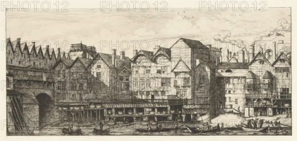 Part of Paris late seventeenth century, Rear facades of houses with furriers on the Seine near Pont-au-Change in Paris, Part of the city towards the end of the 17th century, print, Cityscape of Paris with rear facades of houses, probably located on the Rue de la Pelleterie, near the Pont-au-Change in Paris. Furriers were active in this street and are depicted on the bank of the Seine at work. Meryon was inspired by a seventeenth-century example. On the left, a small section of the Pont-au-Change with buildings is still visible in the print, and the towers of Notre-Dame are also just barely visible. These details are an addition by the artist., printmaker: Charles Meryon, after drawing by anonymous, 1861, paper, etching, height 153 mm x width 320 mm, height 325 mm x width 493 mm, Print after an anonymous drawing with some architectural additions by the artist (De Groot 1991, p. 76)., city-view in general, 'veduta', Paris, A wide riverside scene showing a row of timber-framed and stone b...