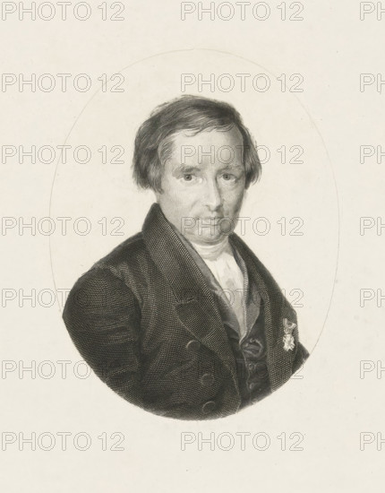 Portrait of Willem de Clercq, print, check stamp: 'Publisher's stamp Frans Buffa en Zonen, Amsterdam', printmaker: Henricus Wilhelmus Couwenberg, Amsterdam, after design by Henricus Wilhelmus Couwenberg, publisher: Buffa en Zonen, Frans, 1829 - 1845, Henricus Wilhelmus Couwenberg, Buffa en Zonen, printmaker, publisher, paper, etching, engraving, etching and engraving, height 300 mm x width 220 mm, Person, Willem de Clercq, A monochrome engraved portrait of a middle-aged man shown from the chest upward within a faint oval frame, with short wavy hair, a high-collared coat with textured crosshatching, a vest and cravat visible at the throat, and a small decorative badge on the left lapel; the background is plain and light with subtle paper texture.