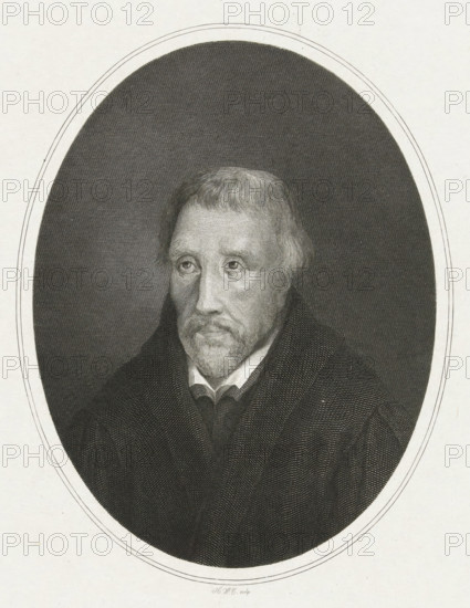 Man bust in oval, print, printmaker: Henricus Wilhelmus Couwenberg, Amsterdam, 1829 - 1845, paper, chine collé, etching, engraving, engraving and etching on chine collé, height 273 mm x width 190 mm, anonymous historical person depicted, An engraved oval portrait shows an older man from the chest up against a dark textured background, his face rendered with fine lines showing a short fringe hairstyle, mustache and beard, and a contemplative expression with eyes looking slightly upward; he wears a high-collared shirt and a dark cloak or coat with visible fabric texture, and the oval is set within a plain light-colored border and surrounding light paper.