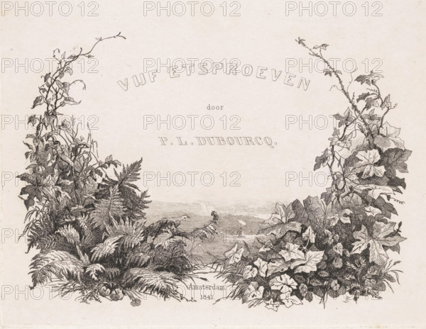 Artist at work in nature, print, Cover image for folder with five etching proofs. In a landscape, an artist sits under the protection of a parasol, working from nature. With a floral border of fern and ivy., printmaker: Pierre Louis Dubourcq, Netherlands, in or before 1841, paper, chine collé, etching, etching on chine collé, height 185 mm x width 240 mm, working situations of artist - BB - out of doors, A detailed ink drawing shows dense foliage framing a central open space, with climbing vines and broad leaves rising from the lower corners toward the top, delicate tendrils and small leaves extending outward, and various textured plants including ferns and morning-glory–like blooms filling the foreground; between the plant masses a distant coastal scene with a calm sea and a small sailing vessel near the horizon is visible, and the whole image is rendered in fine line work on a pale, slightly textured background.