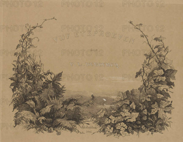 Five etching proofs, Artist at work in nature, wrapper, print, Cover for folder with five etching proofs. In a landscape, an artist sits under the protection of a parasol, working from nature. With a floral border of fern and ivy., printmaker: Pierre Louis Dubourcq, Netherlands, 1841, paper, etching, brush, heightened with white, on brown paper, height 183 mm x width 237 mm, height 500 mm x width 370 mm, working situations of artist - BB - out of doors, A sepia-toned illustration showing dense, detailed ink drawings of climbing vines and large leafy plants framing a distant vista, with tall stalks and twisting tendrils rising on both sides, layered foliage and ferns in the foreground, and a narrow view of water and a small sailboat visible between the plants.