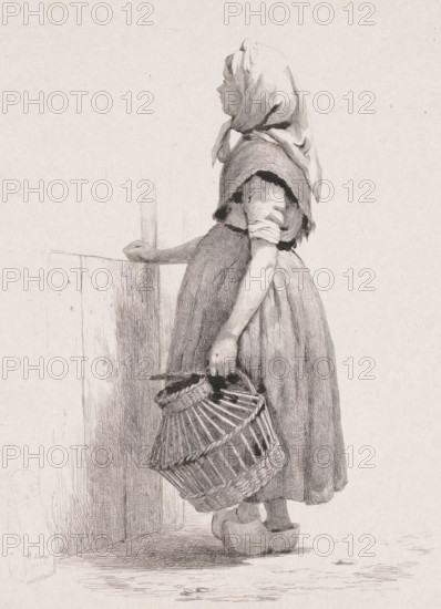 Standing girl with poultry basket, Five etching proofs, print, printmaker: Pierre Louis Dubourcq, Netherlands, 1838, paper, chine collé, etching, drypoint, etching and drypoint on chine collé, height 260 mm x width 207 mm, fowl (cock, hen, chicken, etc.) (animal cage), A pencil or ink drawing of a young girl shown in profile standing beside a low wooden railing, wearing a headscarf tied under her chin and a layered outfit with a short sleeved blouse beneath a shawl, a full skirt, and wooden shoes; one arm rests on the railing while the other hangs down holding two woven baskets stacked together, and the scene shows fine crosshatching and textured shading on the clothing, baskets, railing, and ground.