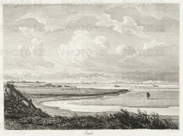 Texel, Six etching proofs, print, View of a bay on the coast of Texel with a mudflat walker. Across the bay, a flock of sheep. Two boats have run aground during the ebb tide., printmaker: Pierre Louis Dubourcq, Netherlands, 1849, paper, etching, drypoint, roulette, intaglio printmaking technique, drypoint and roulette with plate tone, tone printed from separate plate, height 207 mm x width 255 mm, gulf, bay, mud flat, A wide coastal landscape rendered in fine monochrome lines shows a foreground of dark, windswept grasses and a broken wooden fence on a sloping bank, leading down to a curving shoreline with smooth wet sand and shallow water. Beyond the shore are low, flat tidal flats and small grassy islands, with tiny buildings and a windmill dotting the distant horizon. Two small sailboats rest on the water, one nearer the shore and another slightly farther out. A solitary figure walks along the wet sand toward the water. Above, a vast sky fills most of the scene with layered, billowin...