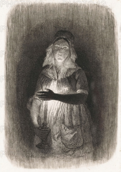 Maid with burning candle, Five etching proofs, print, printmaker: Pierre Louis Dubourcq, Netherlands, 1839, paper, etching, drypoint, intaglio printmaking technique, etching and drypoint with plate tone, height 170 mm x width 113 mm, maid, house personnel, chandelier, candelabrum (kindling a light, lit, burning light, lamp, candle), A monochrome etched image shows a woman standing and facing forward, illuminated from below by a light source she holds in one hand; she wears a simple dress with a gathered bodice and a bib-style collar, an apron with a pocket, and a cap covering her hair. Her face is lit from beneath, casting shadows around her eyes and cheekbones, and her other arm is held across her chest. The background is densely hatched, creating a dark halo around her that fades into lighter cross-hatched areas toward the edges of the image. The overall effect is high contrast between the bright central figure and the heavily textured, shadowed surroundings.