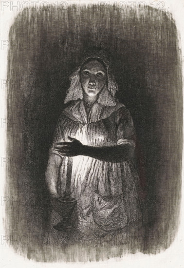 Maid with burning candle, Five etching proofs, print, printmaker: Pierre Louis Dubourcq, Netherlands, 1839, paper, etching, drypoint, intaglio printmaking technique, etching and drypoint with plate tone, height 170 mm x width 113 mm, maid, house personnel, chandelier, candelabrum (kindling a light, lit, burning light, lamp, candle), A monochrome etching of a woman standing against a dark, heavily crosshatched background, wearing a simple dress with a bib-like collar and an apron with a visible pocket, a cloth or cap covering her hair, her face and upper torso illuminated from below, one arm extended across her chest and the other holding a candlestick with a tall, thin candle, the candlelight casting stark highlights and deep shadows on her facial features and clothing, the overall image framed by a vignette of dense, textured lines.