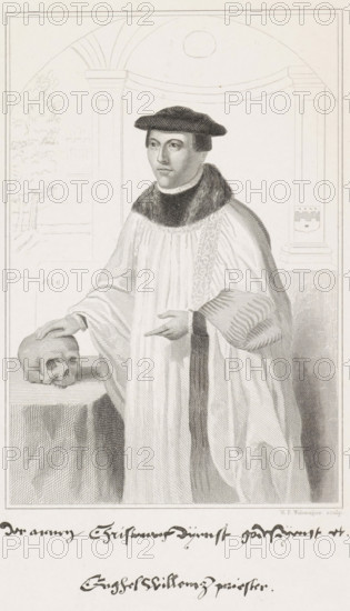 Portrait of Angelus Merula, print, priest. He is wearing a chasuble and a beret. His right hand rests on a skull. An apse is visible behind him. Below the image is a two-line text containing, among other things, the name of the sitter., printmaker: Willem Frederik Wehmeyer, Amsterdam (possibly), 1834 - 1854, paper, etching, roulette, steel etching and roulette, height 243 mm x width 141 mm, Person, Angelus Merula, historical persons, adult man, death's head, skull (symbol of Death), A monochrome engraving of a man standing in front of an architectural backdrop, wearing a long pleated robe with a fur collar and a dark cap, his hair visible at the sides. He faces slightly to the viewer's left with a neutral expression, one hand resting on a human skull placed on a draped table and the other hand extended with two fingers pointing. Behind him are columns framing an arched area with a circular shape near the top and faint landscape details visible through the left opening. A rectangular pa...