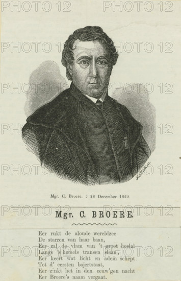 Portrait of Cornelis Broere, print, Portrait of Cornelis Broere. In the lower margin his name, his title, his date of death and eight lines of Dutch text., printmaker: Lud. Falk, Netherlands, 1860 - 1899, paper, wood engraving, letterpress printing, wood engraving and text in letterpress, height 168 mm x width 110 mm, Person, Cornelis Broere, A black and white engraved portrait of a man shown from the chest up wearing a dark clerical or formal garment with a high collar and a small visible tie, his hair wavy and combed back, an expressionless face with detailed shading and crosshatching, and shaded oval backgrounds behind his head; below the portrait is a centered printed nameplate and a column of printed text.