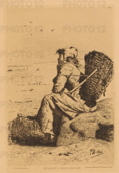 Pécheuse à Veules-en-Caux, Resting fisherwoman on the coast, print, Top left numbered 509., printmaker: Pierre-Célestin Billet, France, publisher: widow Alfred Cadart, Paris, 1847 - 1913, paper, etching, drypoint, intaglio printmaking technique, height 238 mm x width 160 mm, coast, fisherman, resting - BB - out of doors, A seated figure viewed from behind wears a loose garment and a head covering, with hair visible beneath the covering and a turned profile of the face. The figure holds a long handled tool that rests against a large woven basket strapped to the back. The person sits on a textured surface that looks like piled material and there is another woven container at their side. In the background a wide open flat landscape stretches to the horizon with sparse vegetation and a few simple linear marks suggesting distant objects. A small cluster of birds is drawn in the sky above the horizon. The image is rendered in fine dark lines on a pale, aged paper.