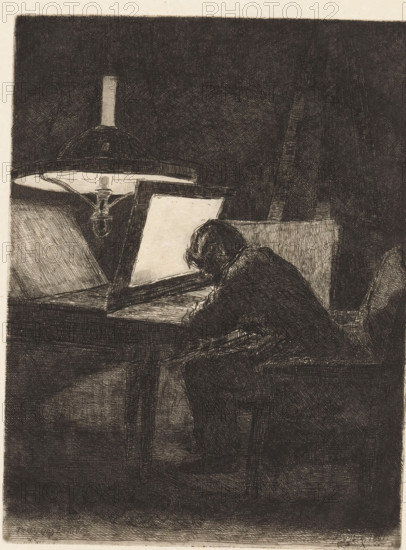 Etching by lamplight, Six Eaux-fortes, dessinées et gravées by F. Bonvin, Peintre, print, printmaker: François Bonvin, printer (person): Auguste Delâtre, Paris, 1861, printer (person), paper, etching, intaglio printmaking technique, height 217 mm x width 164 mm, Part of a six-part series, Peintre. The first state was published by Bonvin in Paris in 1861., engraver, etcher, artist at work, in his workshop, A monochrome ink drawing shows a person seated at a desk, leaning forward toward an open book or drawing board propped upright on the desk; the figure is viewed from behind and slightly to the side, with a rounded head and dark clothing rendered in dense crosshatching. Above and to the left of the desk a large hanging lamp with a wide shade and a visible bulb fixture casts light onto the open surface, which appears blank and lighter than the surrounding areas. The desk has a raised back edge and a visible drawer or ledge, and the chair has a simple straight-backed form. The background...