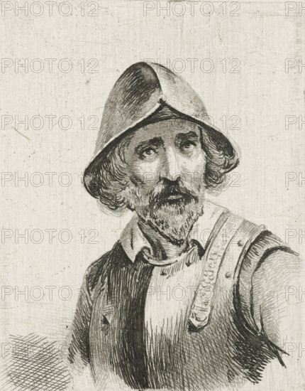 Man in armor with helmet on the head, print, printmaker: Christiaan Wilhelmus Moorrees, Netherlands, 1811 - 1867, paper, chine collé, etching, etching on chine collé, height 80 mm x width 62 mm, helmet, A monochrome etching of an older man shown from the chest up wearing a wide-brimmed hat and a collared garment with a strap across one shoulder; he has a mustache and a beard, wavy hair emerging from under the hat, deep-set eyes with visible pupils, pronounced eyebrows, and a long narrow nose, and the image background is a textured light surface with fine scratches and speckles.