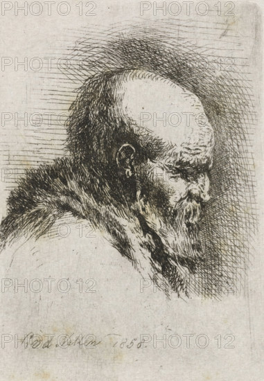 Portrait of an old man, print, An old bald man with a beard. Bust in profile to the right., printmaker: Cornelis Justinus Geisweit van der Netten, Netherlands, 1858, paper, chine collé, etching, etching on chine collé, height 72 mm x width 51 mm, old man (sideview, profile), A close-up etched portrait of an elderly man shown in profile facing right, with a high forehead and a receding hairline, long unkempt hair at the back of his head, a long thick beard, and a fur or heavy garment around his shoulders; the image is composed of fine cross-hatched lines and shading on a textured, light-colored paper background.