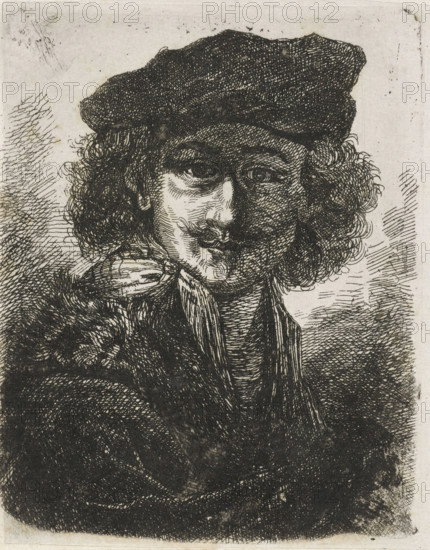 Portrait of Rembrandt Harmensz. van Rijn, print, Bust of Rembrandt Harmensz. van Rijn, wearing a beret, facing right., printmaker: Cornelis Justinus Geisweit van der Netten, Netherlands, 1851 - 1875, paper, chine collé, etching, etching on chine collé, height 94 mm x width 73 mm, Person, Rembrandt van Rijn, A monochrome etching shows a head-and-shoulders portrait of a person wearing a dark cap and a scarf tied at the neck, with curly hair emerging from beneath the cap and framing the face. The face is rendered with dense cross-hatching and visible line work around the eyes, nose, mouth, and jaw, and the eyes look forward. The clothing appears heavy and textured, with thick, dark shading creating a sense of volume across the shoulders and chest. The background is lightly hatched with irregular lines and blank areas, and the paper shows slight discoloration and spotting.