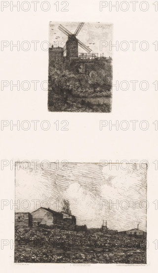 In Montmartre., View of the Moulin de la Galette in Montmartre, print, Numbered top left: 295., printmaker: Antoine Vollon, France, printer (person): Alfred Cadart, Paris, 1843 - 1875, printer (person), paper, etching, drypoint, intaglio printmaking technique, etching and drypoint with plate tone, printed from two plates on an uncut sheet, height 102 mm x width 73 mm x height 126 mm x width 161 mm, windmill, city-view in general, 'veduta' - II - ideal city (city(-scape) with figures, staffage), Montmartre, A tall windmill with angled sails stands atop a rise, surrounded by a low building and fencing, with birds visible in the sky; below the rise a dense area of textured foliage and shrubs fills the foreground.