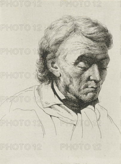 Portrait of an old man with closed eyes, print, printmaker: Jean Zacherie Mazel, Netherlands, 1802 - 1884, paper, chine collé, etching, etching on chine collé, height 108 mm x width 78 mm, old man, eyes closed, A detailed ink drawing of an older person shown from the shoulders up, with wavy hair combed back and textured shading across the forehead and temples, deep-set eyes with heavy shadowing around them, pronounced cheekbones and creased skin around the mouth and jaw, a prominent nose, and a high-collared garment with a loose scarf or draped fabric around the neck, all rendered on a light, textured paper background.