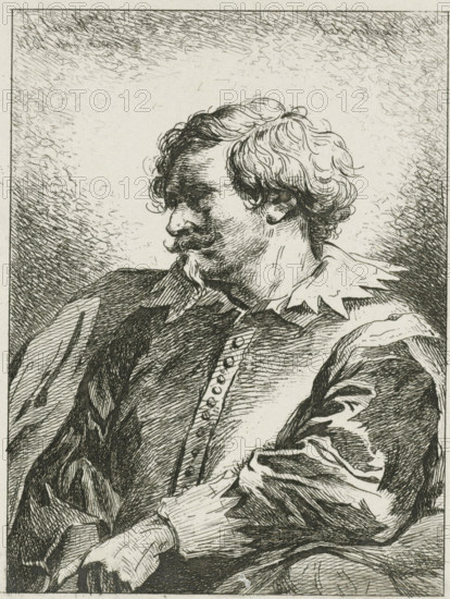 Portrait of a man, print, Portrait of a man in a collared suit. At the bottom in the margin the dedication with a coat of arms, with a lion, on the clouds., Hippert&Linnig 2, printmaker: Jean Zacherie Mazel, Netherlands, 1802 - 1884, paper, chine collé, etching, etching on chine collé, proof print, height 134 mm x width 89 mm, adult man, A detailed black and white ink drawing of a seated man shown from the chest up, turned in three-quarter profile with his head facing left; he has wavy hair and a mustache with a small pointed beard, a high collared shirt with a jagged edge peeking from under a buttoned jacket, and his folded arms rest across his body with one hand visible; fine crosshatching and line work create shading on his face, clothing, and the textured background.
