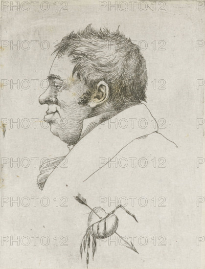 Portrait of Jantje de Wit, print, notary in Amsterdam, in profile. In the center bottom a heart pierced by an arrow and a broken branch with drooping leaves., inscription: 'Jantje de Wit - oudliefhebber, drawn at table d'hote in the Rondiel', printmaker: Jean Zacherie Mazel, Netherlands, 1802 - 1884, Jean Zacherie Mazel, printmaker, paper, chine collé, etching, etching on chine collé, height 108 mm x width 79 mm, Person, Jantje de Wit, heart symbolism, archer's weapons: arrow, A monochrome line drawing of a man's profile facing left, showing a short, tousled hairstyle, a pronounced nose, closed lips, visible ear, and textured facial lines, with a high collar around his neck; below and offset is a sketch of a heart pierced by an arrow with a stem and tattered ribbon-like elements hanging from it, all on a lightly speckled, aged paper background.