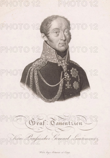 Portrait of Friedrich Bogislaw Emanuel Tauentzien von Wittenberg, print, printmaker: Johann Georg Mannsfeld, Vienna, publisher: Artaria & Co., 1774 - 1817, Lower Austria, paper, stippling, height 253 mm x width 211 mm, Person, Friedrich Bogislaw Emanuel Graf Tauentzien von Wittenberg, historical persons, A monochrome engraved portrait of a man shown from the chest up wearing a high-collared ornate military uniform with braided cords and decorative shoulder epaulets, medals, and star-shaped insignia on the chest; he has short, wavy hair, sideburns, and a neutral facial expression while looking slightly to one side, set against a plain light background.