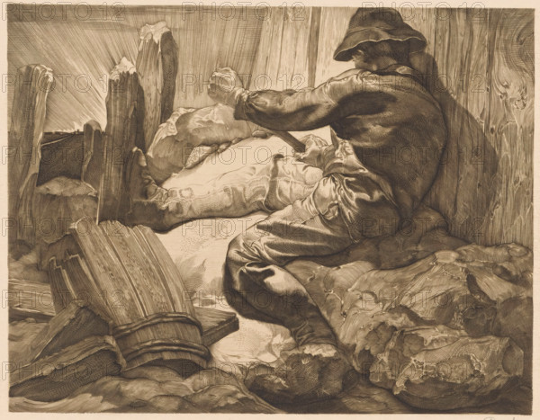 Prying worker, print, A man in work clothes with a hat pries with a rod between wooden planks that form a wall. On the left in the foreground, a broken wooden barrel., printmaker: Johannes Josephus Aarts (signed by artist), 1881 - 1913, paper, Japanese paper (handmade paper), engraving, intaglio printmaking technique, engraving and plate tone on Japanese paper, height 240 mm x width 295 mm, working class, laborers, A sepia-toned engraving shows a seated figure wearing a brimmed hat and loose clothing, seen from the side and back with one arm extended and gripping a tool or stick, surrounded by folds of fabric or bundles. The foreground contains stacked wooden planks and a broken barrel, with rough textured rocks and cloth around them. Large vertical wooden posts rise in the midground, and rays of light fan outward from a bright area near the horizon. The background includes a distant flat landscape and a low structure silhouetted against the light.