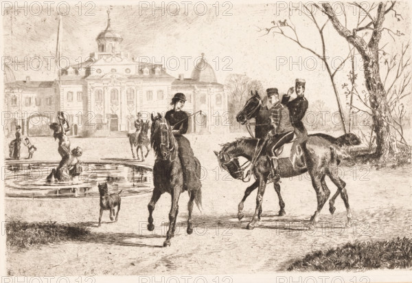 Riders in front of the Belvedere in Weimar, print, inscription: 'From: 'Radierung', Weimar 1886', printmaker: Conrad Ahrendts, Weimar, publisher: Weimarer Radierverein, 1886, Thuringia, chine collé, paper, etching, height 199 mm x width 296 mm, ornamental fountain, palace, private soldier (cavalry, horsemen), Vatican City, Belvedere Villa (Vatican City), A monochrome etching shows a formal building with ornate facades and domed roofs in the background, a tall flagpole nearby, and leafless trees on the right; in the foreground several riders on horses occupy the open plaza, one woman in a dark dress and hat riding toward the viewer, two uniformed men on horseback conversing to her right, another rider approaching from the building, and a small dog standing near the central horse; to the left a circular fountain contains a partially submerged figure and a standing adult holding a hat aloft while a child and another woman stand nearby, and a large tree trunk with bare branches frames the ...