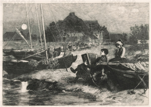 Riverbank with boats and a boy playing an accordion, print, inscription: 'From: 'Radierung', Weimar 1889', printmaker: Conrad Ahrendts, Weimar, publisher: Weimarer Radierverein, 1889, Thüringen, chine collé, paper, etching, intaglio printmaking technique, height 213 mm x width 293 mm, sailing-ship, sailing-boat, moonlight, river bank, accordion - CC - out of doors, A waterside scene rendered in monochrome shows several small boats moored along a shoreline with tall masts and coiled ropes, their hulls resting on the ground and water reflecting light. In the foreground a seated figure plays a large accordion while another seated figure nearby wears a bonnet and rests a hand against their cheek. Behind them the shore leads to a cluster of thatched-roof buildings partially obscured by trees, and a person stands among vegetation near the buildings. The sky above is textured with sweeping line work and contains a bright circular light near the horizon. The overall image is detailed with cros...