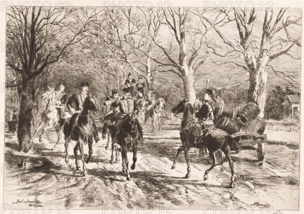 Belvedere-Allee te Weimar, Belvedere Allee Weimar, print, inscription: 'From: 'Radierung', Weimar 1889', printmaker: Conrad Ahrendts, Weimar, publisher: Weimarer Radierverein, 1889, Thuringia, paper, etching, intaglio printmaking technique, height 212 mm x width 297 mm, lane, alley, private soldier (cavalry, horsemen), Vatican City, Belvedere Villa (Vatican City), A detailed monochrome engraving shows a tree-lined road with bare branches arching overhead and deep shadows on the ground. Several riders on horses move toward the viewer, wearing uniform-like jackets and caps, with varied expressions and postures as they hold reins or ride at ease. A rider on the right pulls a small wagon loaded with rounded barrels, the horses harnessed and facing forward. In the midground more riders and horses follow along the path, some partially obscured by tree trunks and branches. Reflections and textured marks create wet or muddy patches on the road surface. In the distant background low structures ...