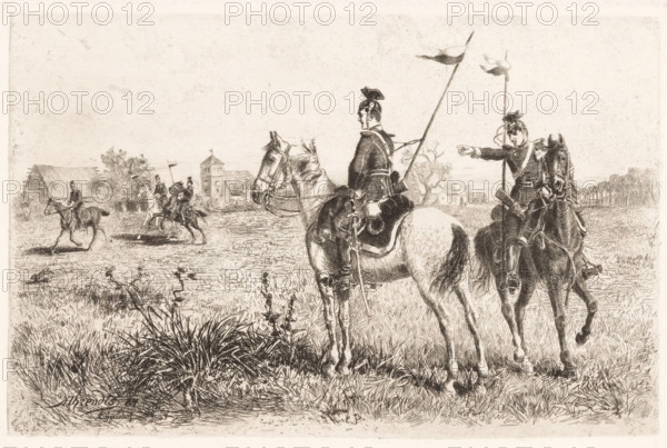 Five uhlans in Eggersdorf, Eggersdorf, print, inscription: 'From: 'Radierung', Weimar 1886', printmaker: Conrad Ahrendts, Weimar, publisher: Weimarer Radierverein, 1884, Thuringia, chine collé, paper, etching, intaglio printmaking technique, height 197 mm x width 298 mm, private soldier (cavalry, horsemen), A monochrome etching showing a group of mounted soldiers in a grassy field, with two soldiers in the foreground on horses facing slightly toward the right, one holding a long flagpole with a flag and the other pointing to the right; both wear helmets and military coats with equipment strapped to their saddles. In the middle ground to the left, there are more riders on horseback moving across the field toward a cluster of buildings that include a thatched structure and a taller tower-like building with a small flag on top. The landscape is detailed with tall grasses and clumps of vegetation in the foreground, a line of trees along the horizon at the right, and scattered bushes and sm...