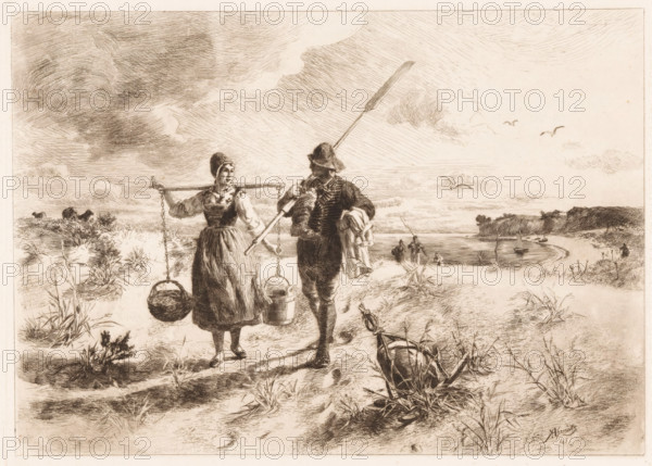 Landscape with a fisherman and a farmer's wife, print, inscription: 'From: 'Radierung', Weimar 1888', printmaker: Conrad Ahrendts, Weimar, publisher: Weimarer Radierverein, 1888, Conrad Ahrendts, Weimarer Radierverein, printmaker, publisher, Thuringia, chine collé, paper, etching, intaglio printmaking technique, height 209 mm x width 286 mm, landscapes, farmers - AA - female farmer, farmer's wife, parts of ship's exterior: anchor, fisherman, carrying something with yoke, A monochrome etching shows a shoreline scene with a man and woman walking on a sandy path; the woman wears a dress with a pinafore and a bonnet and carries a yoke across her shoulders supporting a hanging basket and pail, while the man wears a hat and coat and carries an oar over his shoulder and a bundle in one arm. The foreground features tufts of grasses, a small overturned boat entangled in vegetation, and footprints in the sand. In the middle distance there are figures near the water, small boats on the calm sea, ...