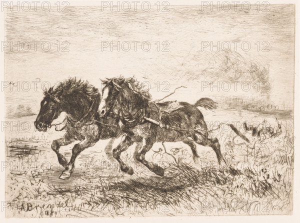 Runaway team of horses, print, The horses may have been startled by a steam train that appears to be depicted in the background., printmaker: Albert Heinrich Brendel, Weimar, publisher: Weimarer Radierverein, 1889, Thuringia, paper, chine collé, etching, intaglio printmaking technique, height 190 mm x width 248 mm, Print is part of a group of prints published between 1880 and 1888 by the Gesellschaft für Radierkunst in Weimar., horse, steam locomotive, A monochrome etching shows two strong horses in motion running side by side across rough ground, their manes and tails flowing and their muscles and hooves rendered with dense crosshatching; they wear harnesses with straps that trail and overlap, and the surrounding landscape includes textured grassy patches, scribbled vegetation, and a distant horizon under a sky filled with fine, flowing lines and a swirling cloud formation.