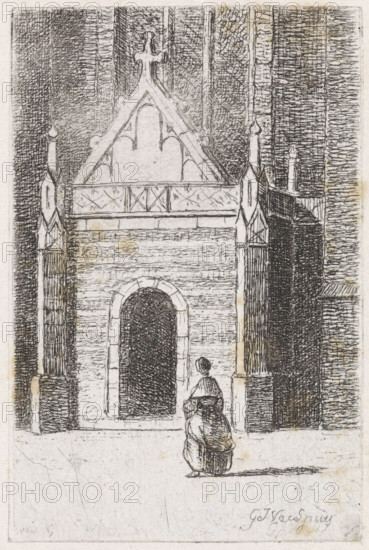 Woman at a church portal, print, printmaker: Gijsbertus Johannes Verspuy, Netherlands, 1833 - 1862, paper, chine collé, etching, etching on chine collé, height 78 mm x width 50 mm, parts of church exterior and annexes: portal, A detailed pen drawing of a tall stone facade with a pointed decorative gable and flanking pinnacles above a large arched doorway, textured brickwork and vertical shaded panels surrounding the central structure, and a small figure seated on the ground near the entrance, viewed from behind.