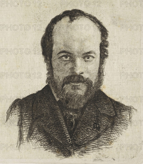Portrait of Jan Weissenbruch, print, Portrait of the artist Jan Weissenbruch, older brother and teacher of the manufacturing artist., printmaker: Frederik Hendrik Weissenbruch, The Hague, 1863, paper, chine collé, etching, drypoint, etching on chine collé', worked up with drypoint, height 88 mm x width 140 mm, Person, Jan Weissenbruch, historical persons, portrait, self-portrait of artist, beard, A monochrome sketch of a man's head and upper torso rendered with dense crosshatching on textured paper, showing a receding hairline with curly dark hair at the sides, a full beard and mustache, a serious gaze with detailed eyes and arched eyebrows, and a collared garment with layered, heavily shaded fabric around the shoulders and chest.