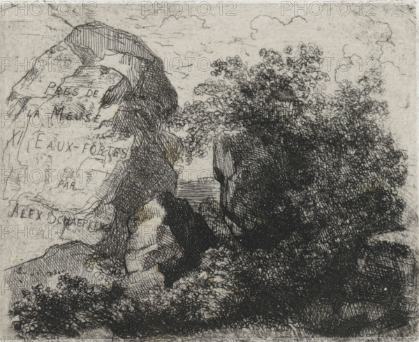 Boulders and bushes on the Sint Pietersberg, Boulders and bushes (former title), Près de la Meuse, 11 Eaux-Fortes, print, printmaker: Alexander Schaepkens, c. 1859, paper, chine collé, etching, height 85 mm x width 104 mm, Etching from the series Montagne Saint Pierre (1859), rock-formations, Sint-Pietersberg, A detailed black and white etching shows a rugged rocky cliff on the left with layered striations and a large rounded rock formation, dense shrubbery and leafy bushes occupy the right side with intricate fine lines suggesting foliage, a narrow strip of water is visible between the rocks near the center, faint cloud outlines appear in the sky, and textured shading and crosshatching cover the ground and rock surfaces.