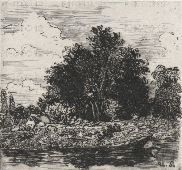 Rothem, Group of trees, Près de la Meuse, 11 eaux-fortes, print, printmaker: Alexander Schaepkens, 1855, paper, chine collé, etching, height 83 mm x width 89 mm, Etching published in the series Près de la Meuse, par Alex.. Schaepkens (1855 or later)., trees, Limburg (Dutch province), A monochrome etching showing dense, dark foliage of tall trees and bushes occupying the central area, with visible trunks and tangled leaves rendered in fine lines and heavy shading; a textured foreground with scattered undergrowth and rough ground leading to a horizontal strip of water at the bottom that reflects some linear markings; a small boat-like shape near the right edge above the waterline; a background sky filled with linear hatch marks and outlined cloud shapes above and around the trees; overall intricate line work and varied hatching creating contrast between the dark vegetation and the lighter sky.