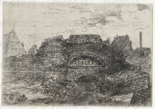 Ruins of ramparts, print, printmaker: Alexander Schaepkens, 1830 - 1899, paper, chine collé, etching, height 108 mm x width 155 mm, ruin of a building, architecture, walls, fortified city, A monochrome etching shows a riverside scene dominated by a large arched stone bridge with textured masonry and a smaller arch beneath it, flanked by rounded stone structures and layered rooftops. To the right, tiled roofs and a tall narrow chimney rise behind foliage, while to the left stepped stone forms and sloped surfaces lead toward the water. The water surface below the bridge reflects crosshatched lines and is bordered by low vegetation and irregular stonework. The sky above is filled with horizontal hatch marks and scattered cloud outlines, and the entire image is rendered with dense linear engraving and varied crosshatching.