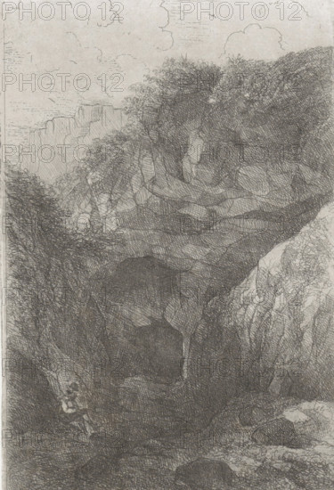 Two superimposed cave entrances (former title), Sint Pietersberg, Près de la Meuse, 11 Eaux-Fortes, print, printmaker: Alexander Schaepkens, c. 1859, paper, chine collé, etching, height 167 mm x width 108 mm, rock-formations, cave, grotto, Sint-Pietersberg, A monochrome pen or pencil landscape showing steep rocky cliffs and densely textured foliage, with layered crosshatching creating shadowed rock faces and dark crevices; trees and shrubs are depicted along the ridge lines with fine scribbled leaves, and a pale sky with soft, outlined clouds appears above the horizon; the foreground contains more heavily shaded rock surfaces and rough ground texture suggesting uneven terrain.