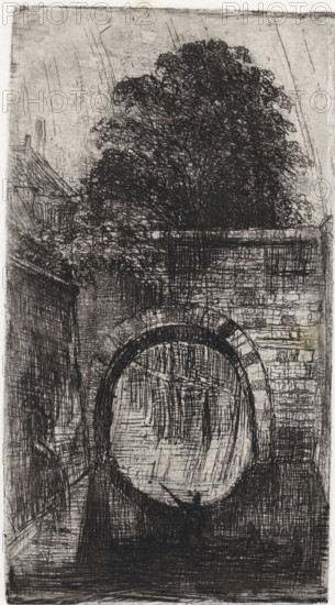 Bridge arch, print, printmaker: Alexander Schaepkens, 1830 - 1899, paper, chine collé, etching, height 143 mm x width 78 mm, bridge, A monochrome etching showing a stone archway over a circular opening set into a brick wall, with dense, textured foliage rising above the wall. The scene includes a reflective surface below the arch suggesting water, with vertical and horizontal etched lines creating ripples and shading. On the left side a slanted structure and additional masonry are visible, rendered with cross-hatching and fine linear marks. The overall image features heavy line work, varied hatching, and a range of dark and light tones forming architectural details and the leafy mass above.