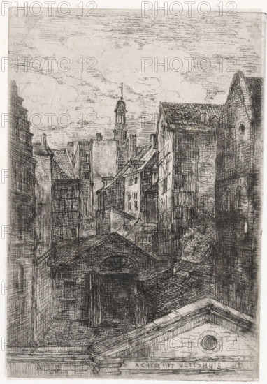 Behind the Meat Market, Maastricht, print, printmaker: Alexander Schaepkens, 1830 - 1899, paper, chine collé, etching, drypoint, etching and drypoint, height 154 mm x width 107 mm, The gate gave access to the Meat Market, where in earlier times the butchers sold their wares. The property extended into the Grote Staat, where the main entrance was., city-view, and landscape with man-made constructions, A detailed monochrome etching of a dense urban scene showing closely packed buildings with varied rooflines and architectural styles, including pitched roofs, gables, and a prominent roofed entrance with an arched opening; narrow alleys and shadowed recesses run between the structures, and a taller tower-like structure with a domed top rises toward the sky in the distance; façades display brick and timber textures rendered with fine crosshatching, and small windows of different shapes appear across the buildings; the sky above is filled with softly etched clouds and horizontal line work.