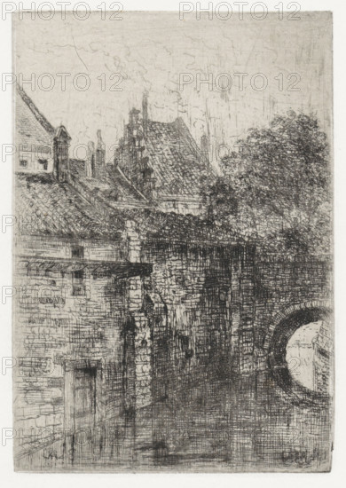 Gaer, Houses by a bridge over the Jeker, Maastricht, print, printmaker: Alexander Schaepkens, 1830 - 1899, paper, chine collé, etching, height 155 mm x width 109 mm, It possibly concerns a small bridge over the section of the Jeker that runs between Tafelstraat and Achter de Molens., city-view, and landscape with man-made constructions, bridge, An etching of a stone-built scene showing rooftops and chimneys with detailed roof tiles, a tall steep gabled roof at the center, and several smaller rooflines; a large leafy tree rises to the right, its foliage rendered with fine crosshatching; stone walls and masonry occupy the foreground with visible bricks and mortar, an arched opening appears at the lower right, and vertical and horizontal etched lines create texture across the walls and waterlike surface at the bottom; the sky is lightly sketched with faint clouds.