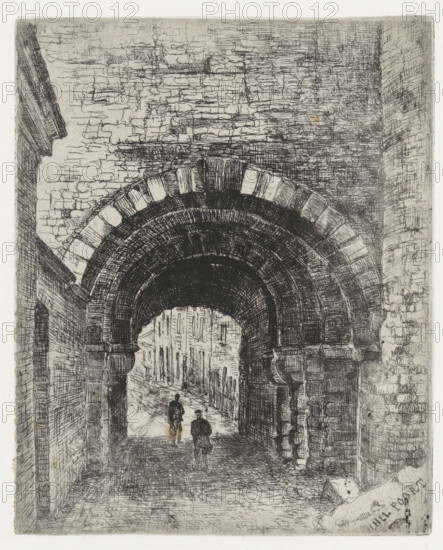 Hell Gate in Maastricht, Hell Gate, print, seen from the field side, with a view of Sint Bernardusstraat., printmaker: Alexander Schaepkens, 1830 - 1899, paper, chine collé, etching, height 172 mm x width 139 mm, city-gate, Maastricht, A detailed black and white etching shows a large stone archway with concentric semicircular bands of masonry leading into a narrow cobbled passage, flanked by textured brick walls and heavy pilasters; two small, loosely sketched figures walk away beneath the arch toward a distant street of tall, closely spaced buildings, while light and shadow are rendered through dense crosshatching and fine line work across the arch, walls, and ground.
